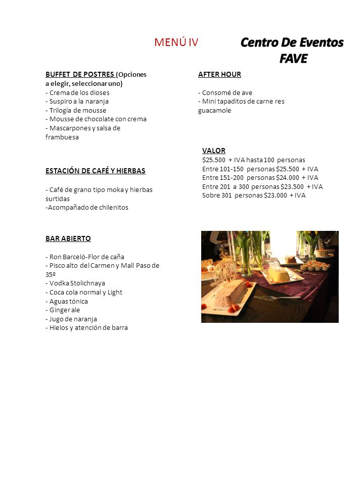 MENÚ IV BUFFET DE POSTRES (Opciones a elegir, seleccionar uno)