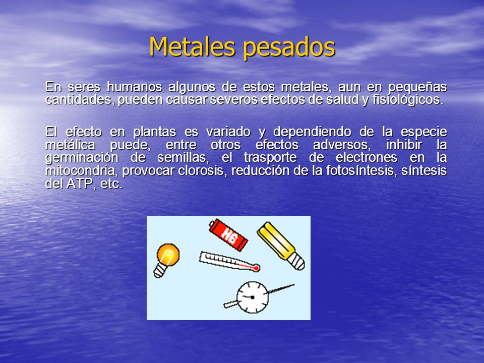 Metales pesados En seres humanos algunos de estos metales, aun en pequeñas cantidades, pueden causar severos efectos de salud y fisiológicos.