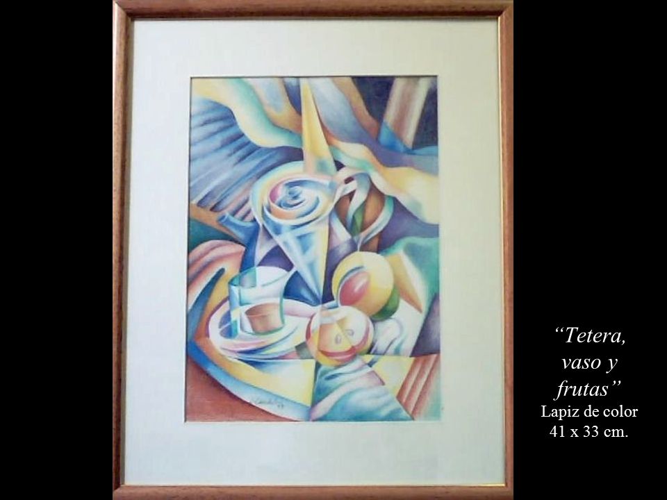 Tetera, vaso y frutas Lapiz de color 41 x 33 cm.