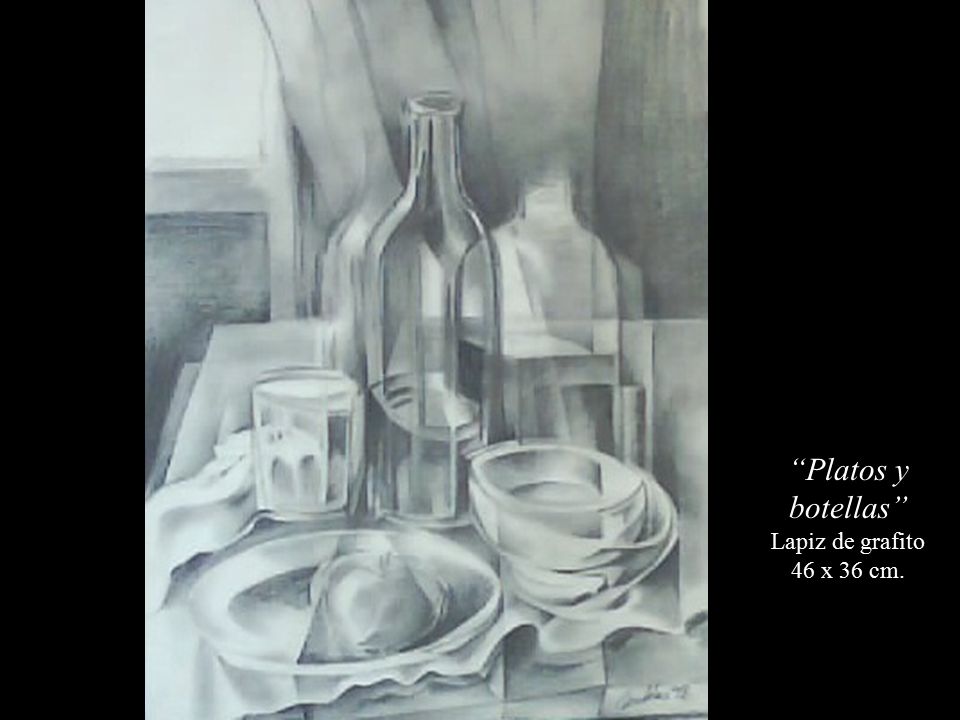 Platos y botellas Lapiz de grafito 46 x 36 cm.