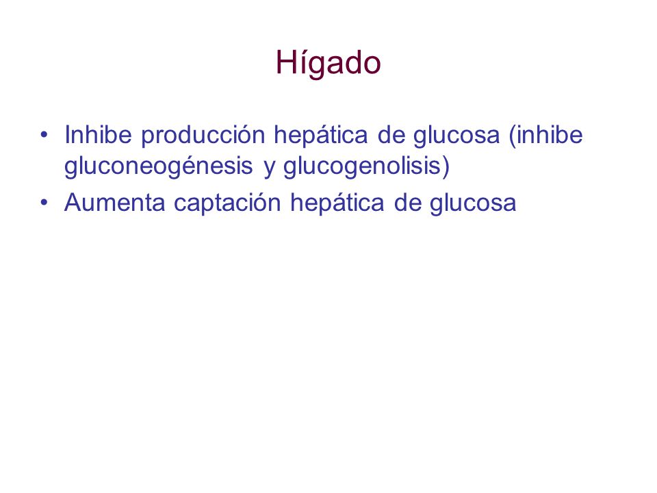 Hígado Inhibe producción hepática de glucosa (inhibe gluconeogénesis y glucogenolisis) Aumenta captación hepática de glucosa.