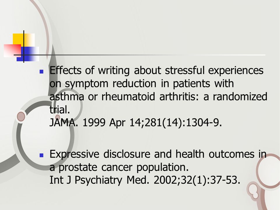 Effects of writing about stressful experiences on symptom reduction in patients with asthma or rheumatoid arthritis: a randomized trial. JAMA Apr 14;281(14):