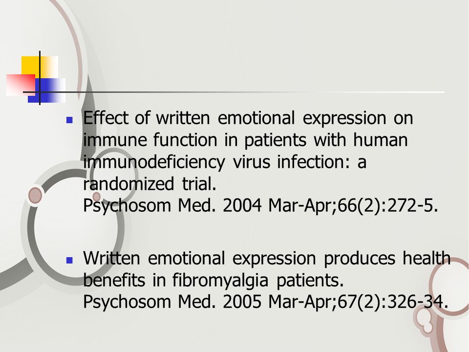 Effect of written emotional expression on immune function in patients with human immunodeficiency virus infection: a randomized trial. Psychosom Med Mar-Apr;66(2):272-5.