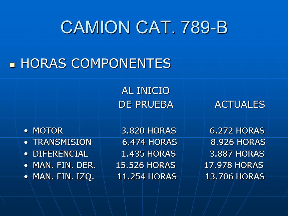 CAMION CAT. 789-B HORAS COMPONENTES DE PRUEBA ACTUALES AL INICIO