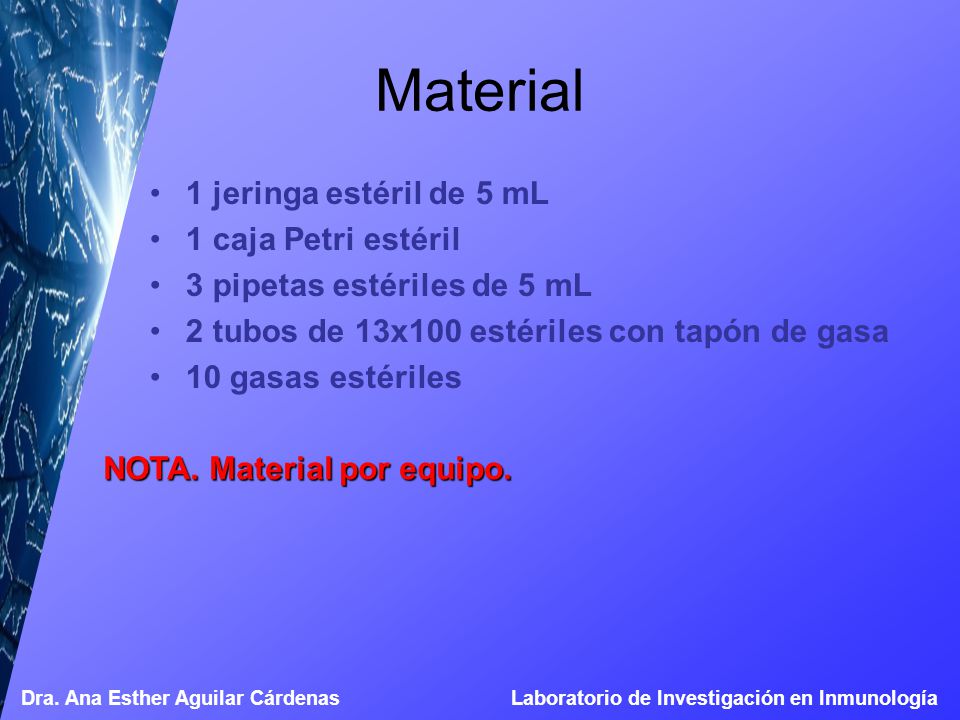 Material 1 jeringa estéril de 5 mL 1 caja Petri estéril