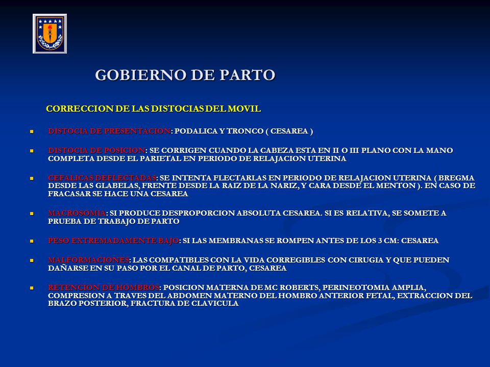 GOBIERNO DE PARTO CORRECCION DE LAS DISTOCIAS DEL MOVIL