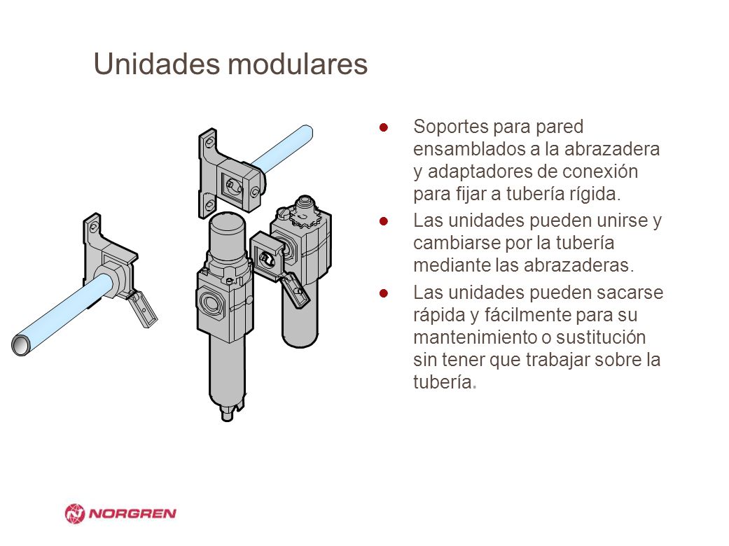 Unidades modulares Soportes para pared ensamblados a la abrazadera y adaptadores de conexión para fijar a tubería rígida.