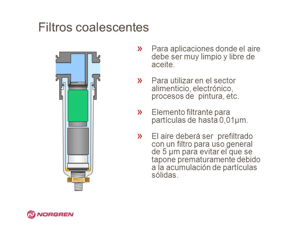 Filtros coalescentes Para aplicaciones donde el aire debe ser muy limpio y libre de aceite.