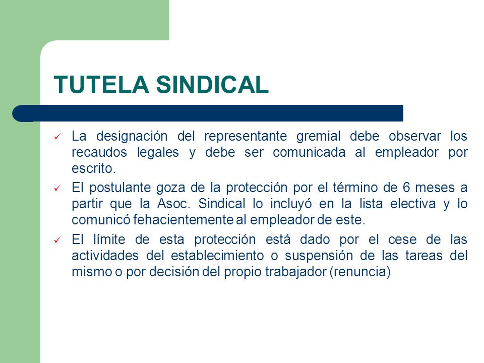 TUTELA SINDICAL La designación del representante gremial debe observar los recaudos legales y debe ser comunicada al empleador por escrito.