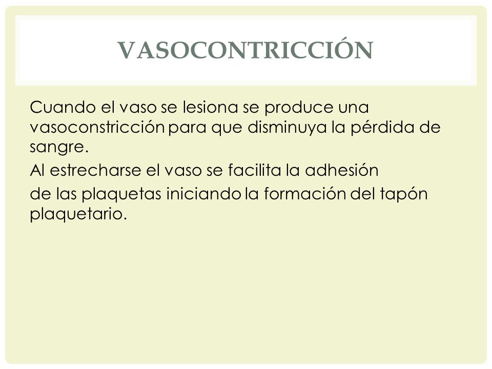 VASOCONTRICCIÓN Cuando el vaso se lesiona se produce una vasoconstricción para que disminuya la pérdida de sangre.