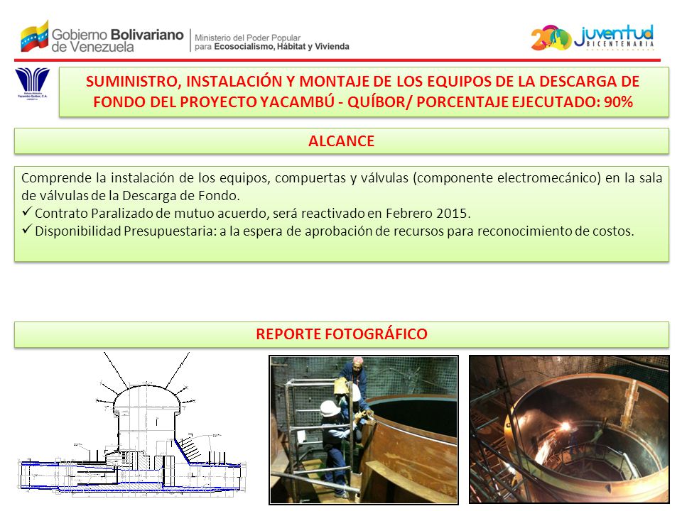 SUMINISTRO, INSTALACIÓN Y MONTAJE DE LOS EQUIPOS DE LA DESCARGA DE FONDO DEL PROYECTO YACAMBÚ - QUÍBOR/ PORCENTAJE EJECUTADO: 90%