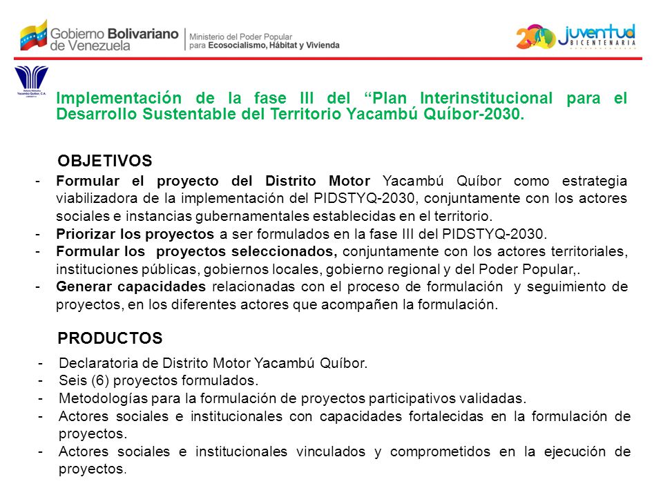Implementación de la fase III del Plan Interinstitucional para el Desarrollo Sustentable del Territorio Yacambú Quíbor-2030.