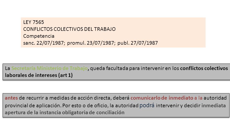 LEY 7565 CONFLICTOS COLECTIVOS DEL TRABAJO. Competencia. sanc. 22/07/1987; promul. 23/07/1987; publ. 27/07/1987.