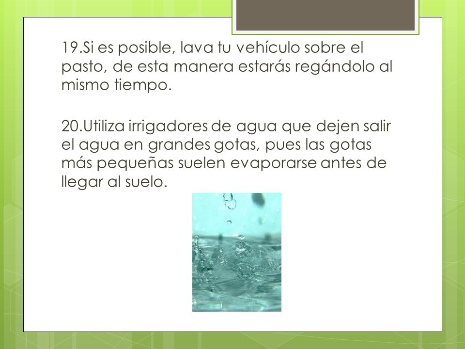 19.Si es posible, lava tu vehículo sobre el pasto, de esta manera estarás regándolo al mismo tiempo.