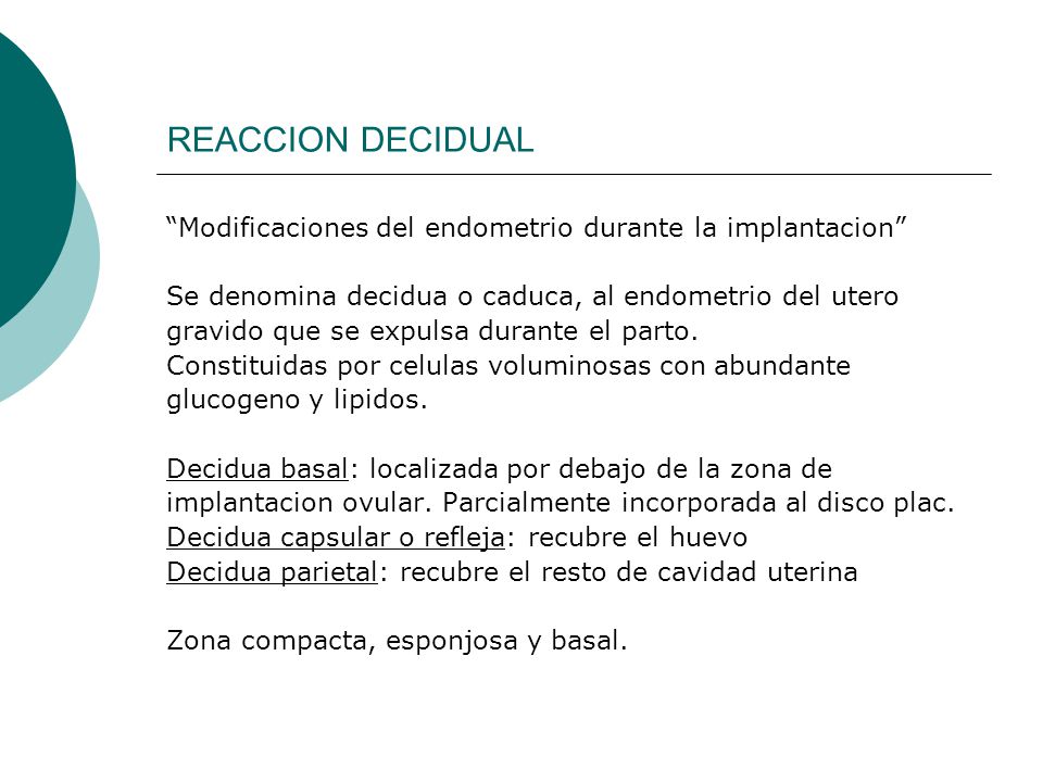 REACCION DECIDUAL Modificaciones del endometrio durante la implantacion Se denomina decidua o caduca, al endometrio del utero.