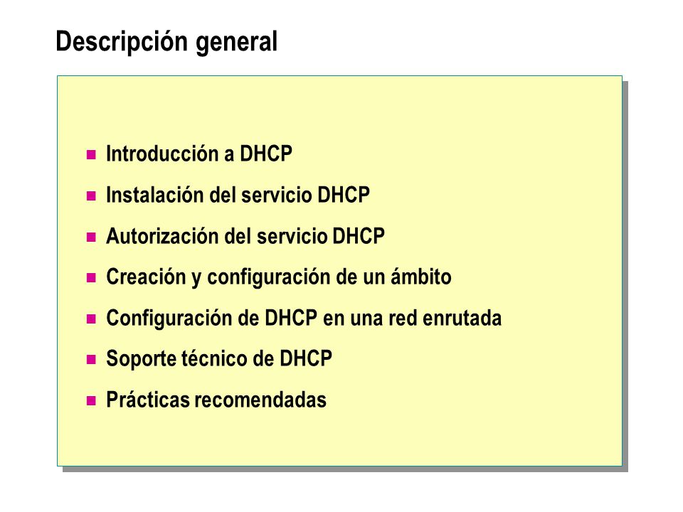 Descripción general Introducción a DHCP Instalación del servicio DHCP