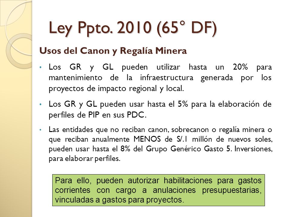 Ley Ppto (65° DF) Usos del Canon y Regalía Minera