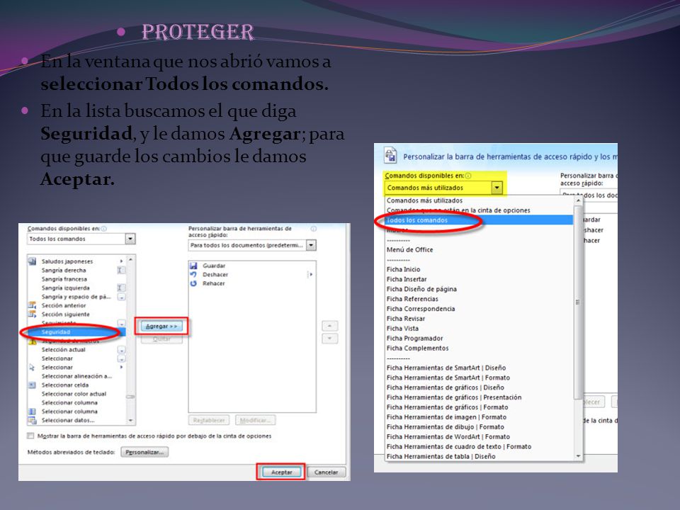 proteger En la ventana que nos abrió vamos a seleccionar Todos los comandos.