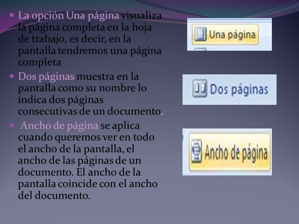 La opción Una página visualiza la página completa en la hoja de trabajo, es decir, en la pantalla tendremos una página completa