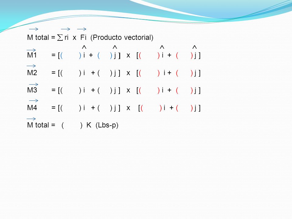 M total =  ri x Fi (Producto vectorial)