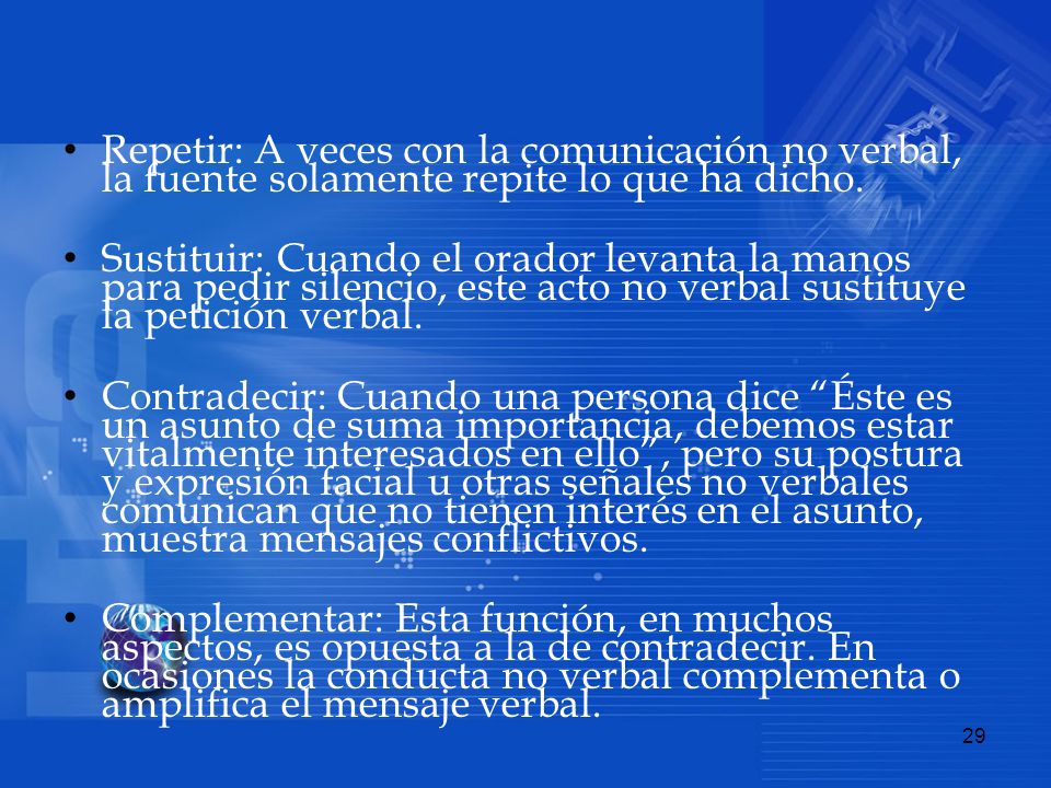 Repetir: A veces con la comunicación no verbal, la fuente solamente repite lo que ha dicho.
