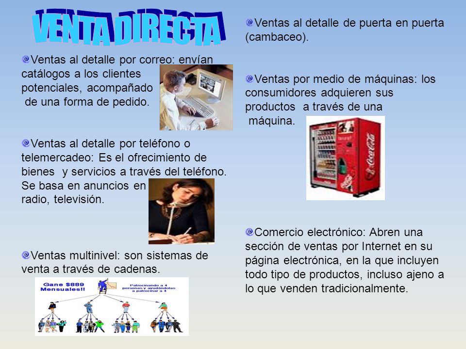 VENTA DIRECTA Ventas al detalle de puerta en puerta (cambaceo).