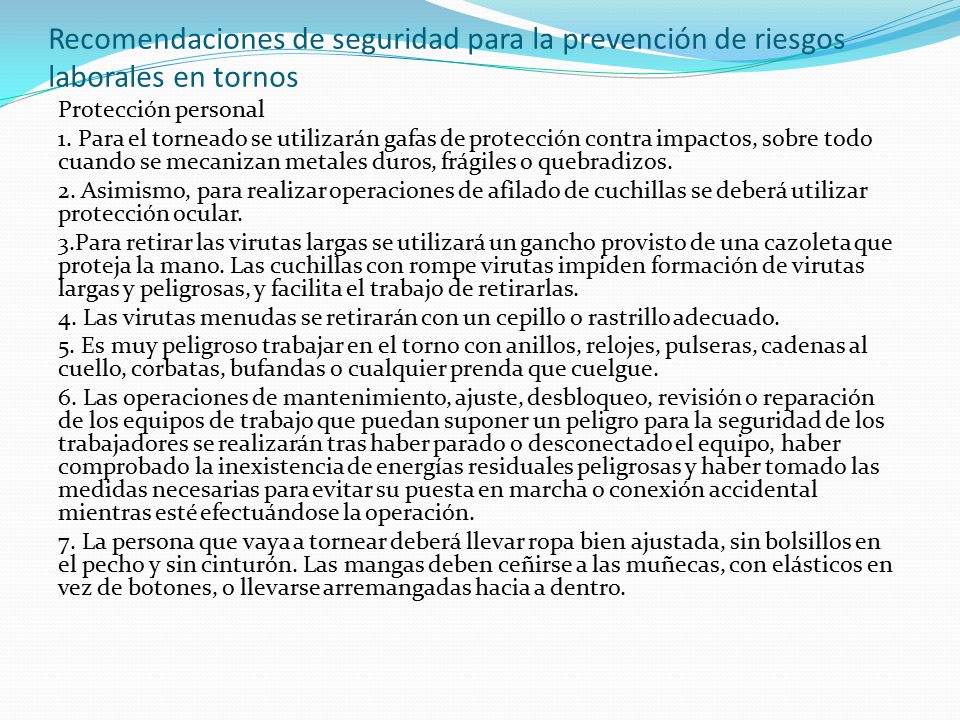 Recomendaciones de seguridad para la prevención de riesgos laborales en tornos