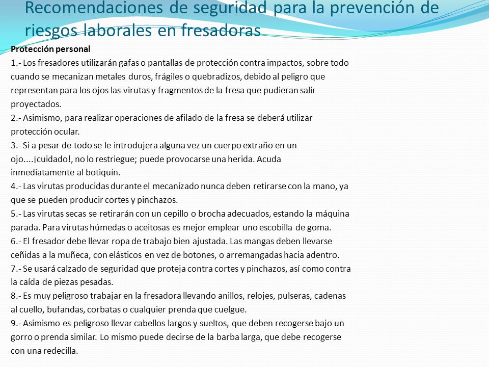 Recomendaciones de seguridad para la prevención de riesgos laborales en fresadoras