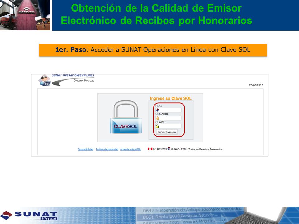 1er. Paso: Acceder a SUNAT Operaciones en Línea con Clave SOL