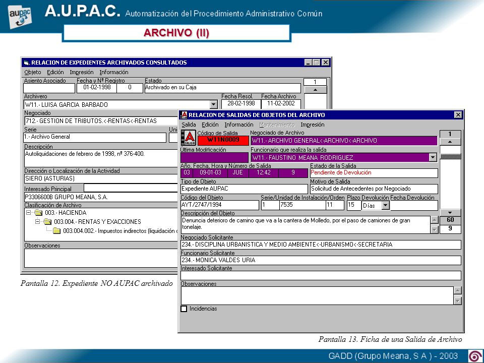ARCHIVO (II) Pantalla 12. Expediente NO AUPAC archivado