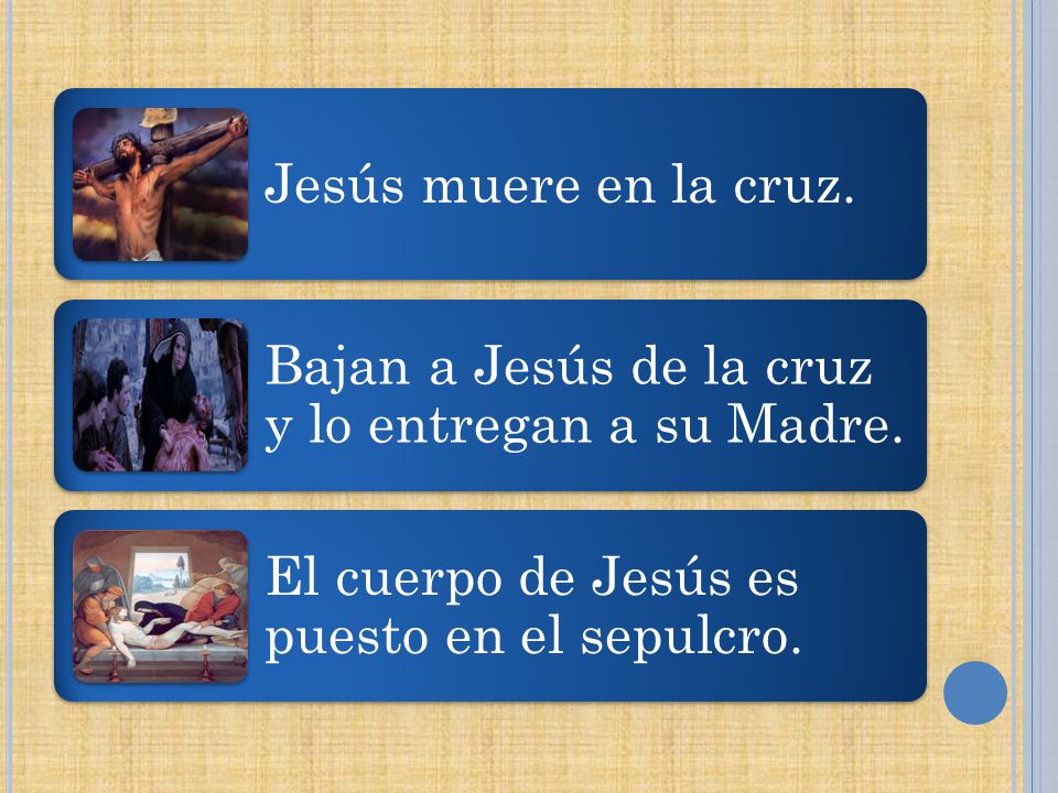 Jesús muere en la cruz. Bajan a Jesús de la cruz y lo entregan a su Madre.