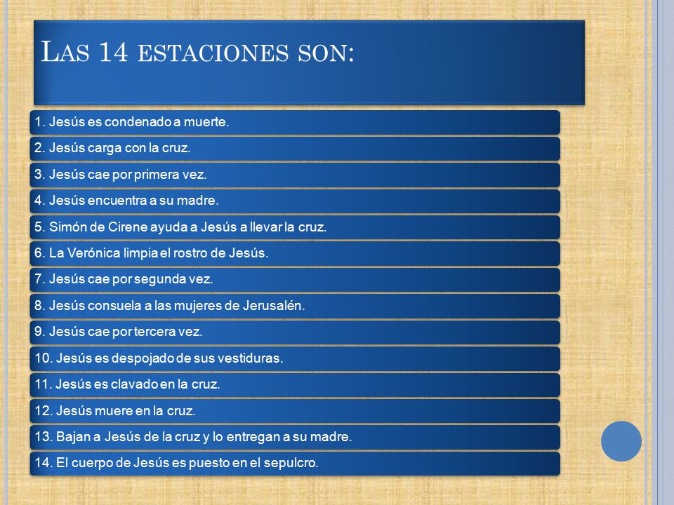 Las 14 estaciones son: 1. Jesús es condenado a muerte.