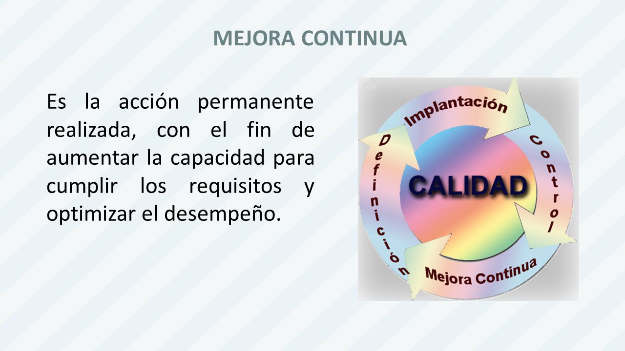 MEJORA CONTINUA Es la acción permanente realizada, con el fin de aumentar la capacidad para cumplir los requisitos y optimizar el desempeño.
