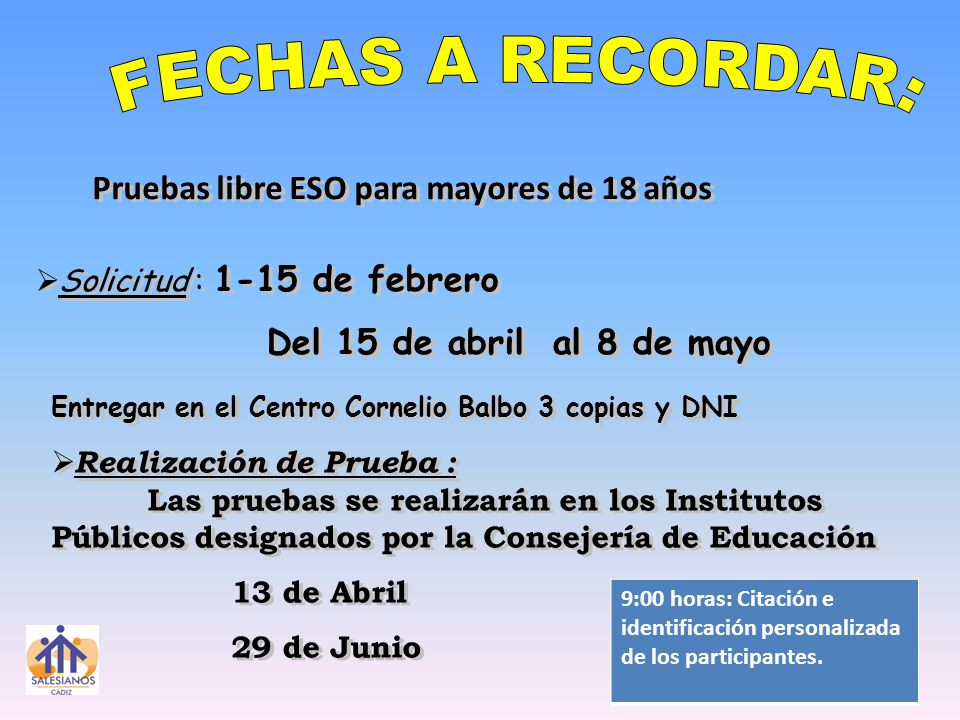 FECHAS A RECORDAR: Pruebas libre ESO para mayores de 18 años