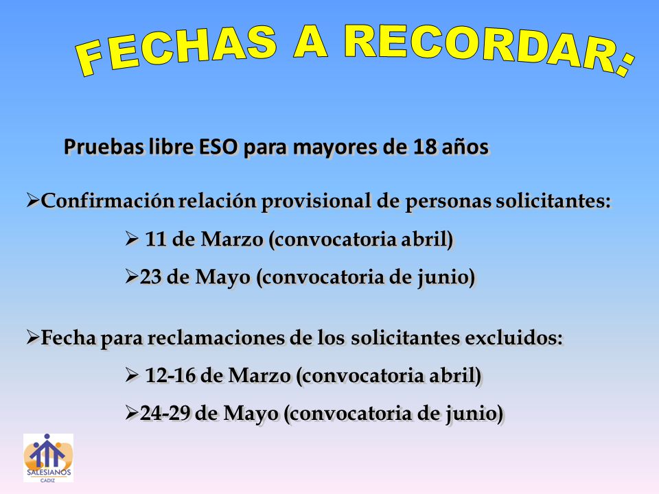 FECHAS A RECORDAR: Pruebas libre ESO para mayores de 18 años