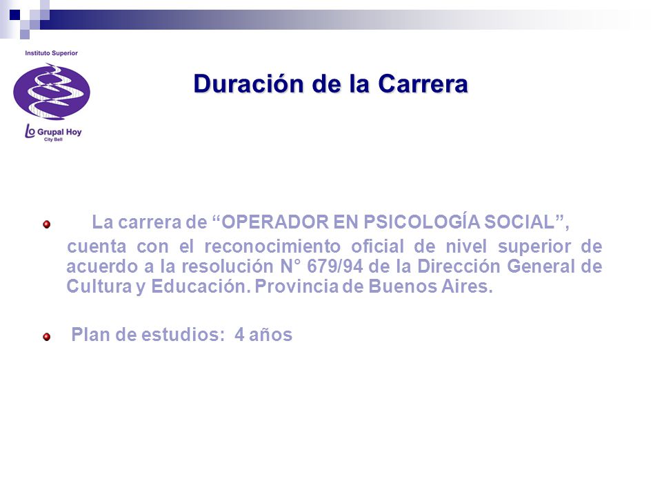 Duración de la Carrera La carrera de OPERADOR EN PSICOLOGÍA SOCIAL ,