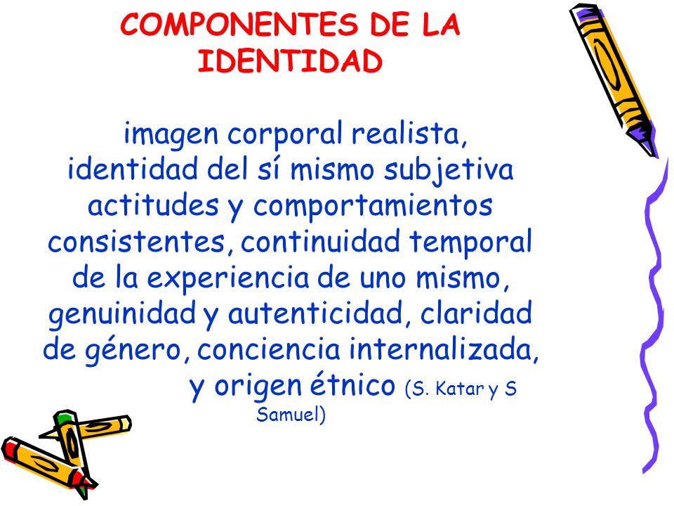COMPONENTES DE LA IDENTIDAD imagen corporal realista, identidad del sí mismo subjetiva actitudes y comportamientos consistentes, continuidad temporal de la experiencia de uno mismo, genuinidad y autenticidad, claridad de género, conciencia internalizada, y origen étnico (S.