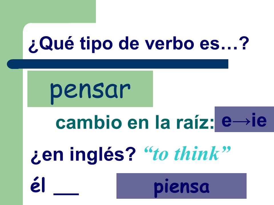 pensar to think e→ie cambio en la raíz: ¿en inglés él __ piensa