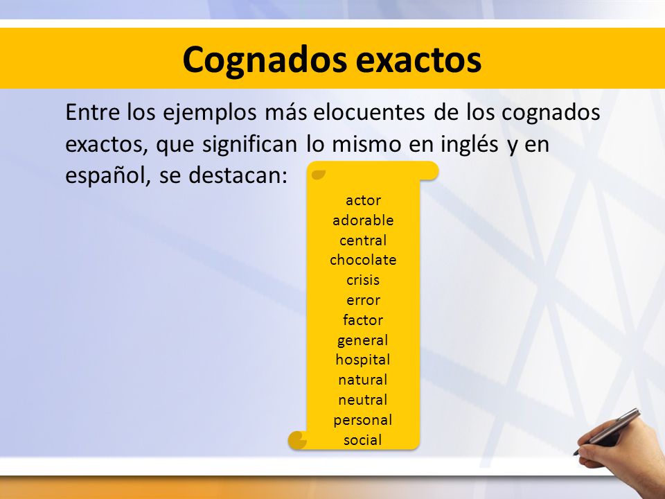 Cognados exactos Entre los ejemplos más elocuentes de los cognados exactos, que significan lo mismo en inglés y en español, se destacan: