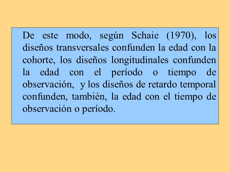 De este modo, según Schaie (1970), los diseños transversales confunden la edad con la cohorte, los diseños longitudinales confunden la edad con el período o tiempo de observación, y los diseños de retardo temporal confunden, también, la edad con el tiempo de observación o período.