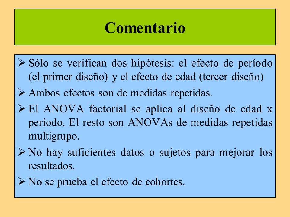 Comentario Sólo se verifican dos hipótesis: el efecto de período (el primer diseño) y el efecto de edad (tercer diseño)