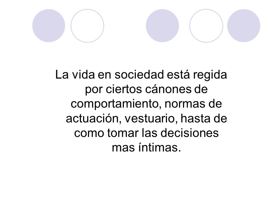 La vida en sociedad está regida por ciertos cánones de comportamiento, normas de actuación, vestuario, hasta de como tomar las decisiones mas íntimas.