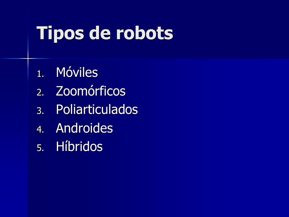 Tipos de robots Móviles Zoomórficos Poliarticulados Androides Híbridos