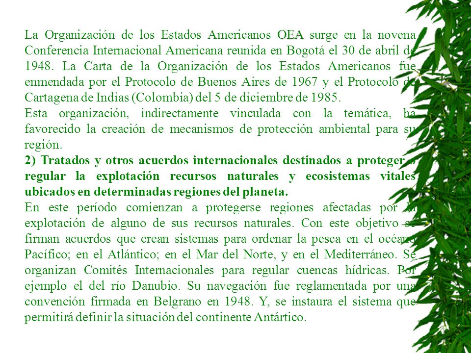 La Organización de los Estados Americanos OEA surge en la novena Conferencia Internacional Americana reunida en Bogotá el 30 de abril de La Carta de la Organización de los Estados Americanos fue enmendada por el Protocolo de Buenos Aires de 1967 y el Protocolo de Cartagena de Indias (Colombia) del 5 de diciembre de 1985.