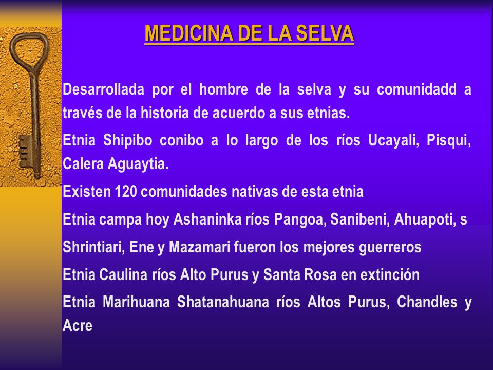 MEDICINA DE LA SELVA Desarrollada por el hombre de la selva y su comunidadd a través de la historia de acuerdo a sus etnias.
