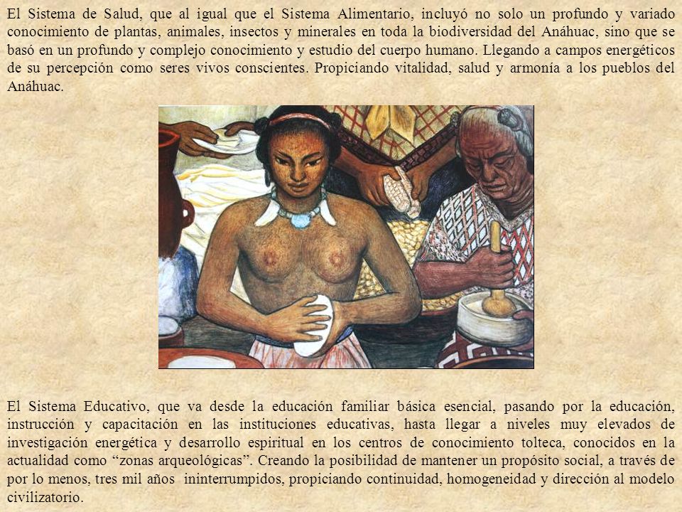 El Sistema de Salud, que al igual que el Sistema Alimentario, incluyó no solo un profundo y variado conocimiento de plantas, animales, insectos y minerales en toda la biodiversidad del Anáhuac, sino que se basó en un profundo y complejo conocimiento y estudio del cuerpo humano. Llegando a campos energéticos de su percepción como seres vivos conscientes. Propiciando vitalidad, salud y armonía a los pueblos del Anáhuac.
