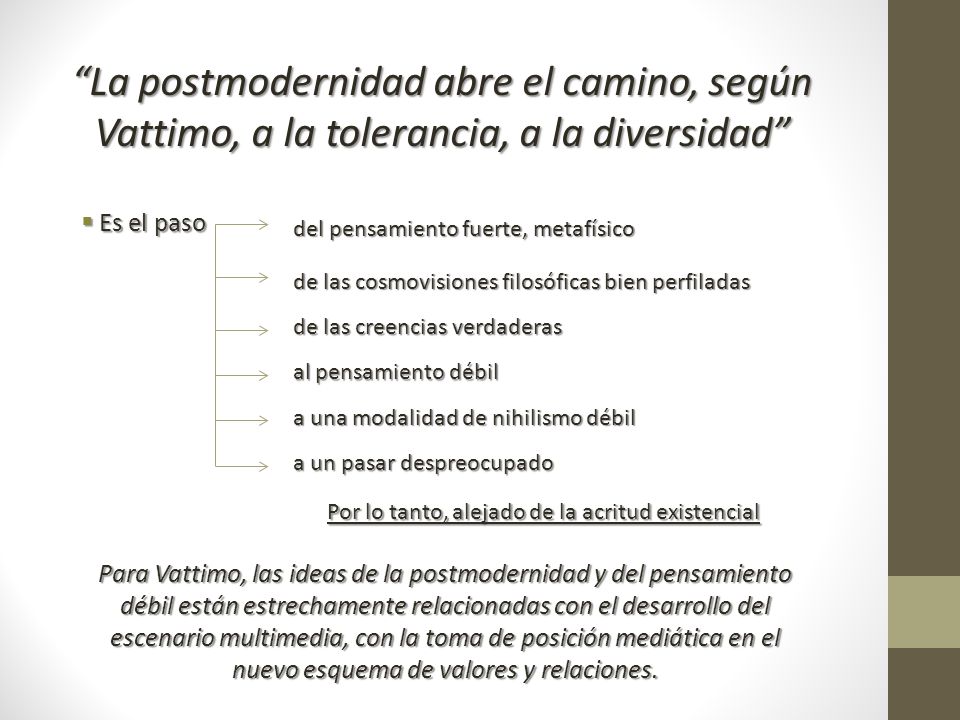 La postmodernidad abre el camino, según Vattimo, a la tolerancia, a la diversidad