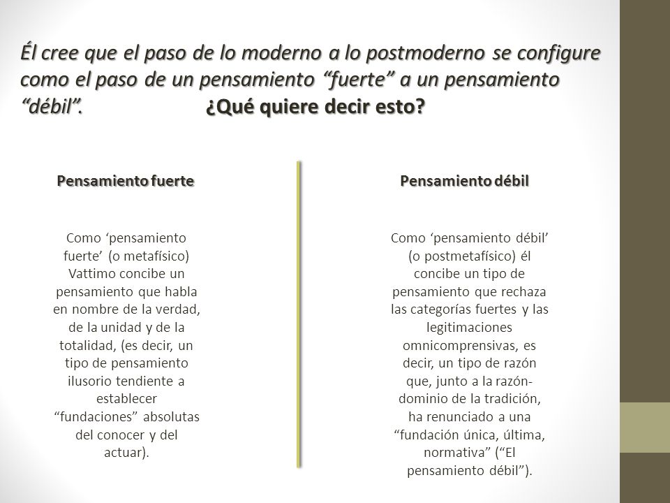 Él cree que el paso de lo moderno a lo postmoderno se configure como el paso de un pensamiento fuerte a un pensamiento débil . ¿Qué quiere decir esto