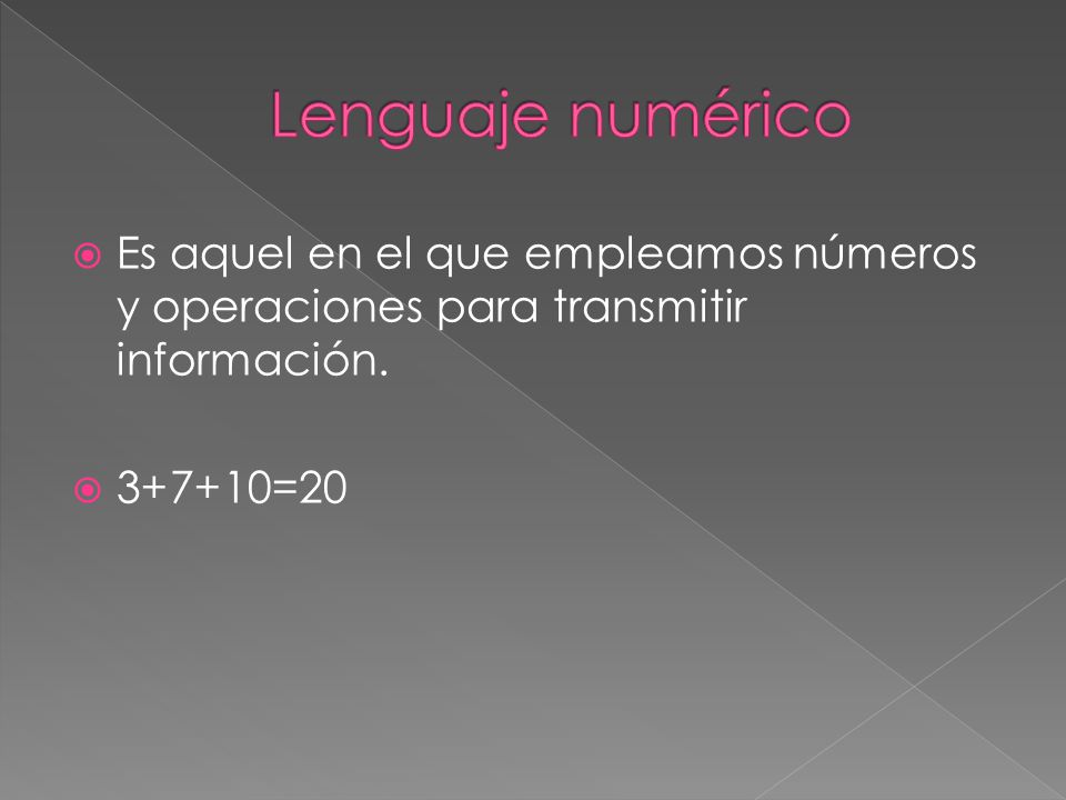 Lenguaje numérico Es aquel en el que empleamos números y operaciones para transmitir información.