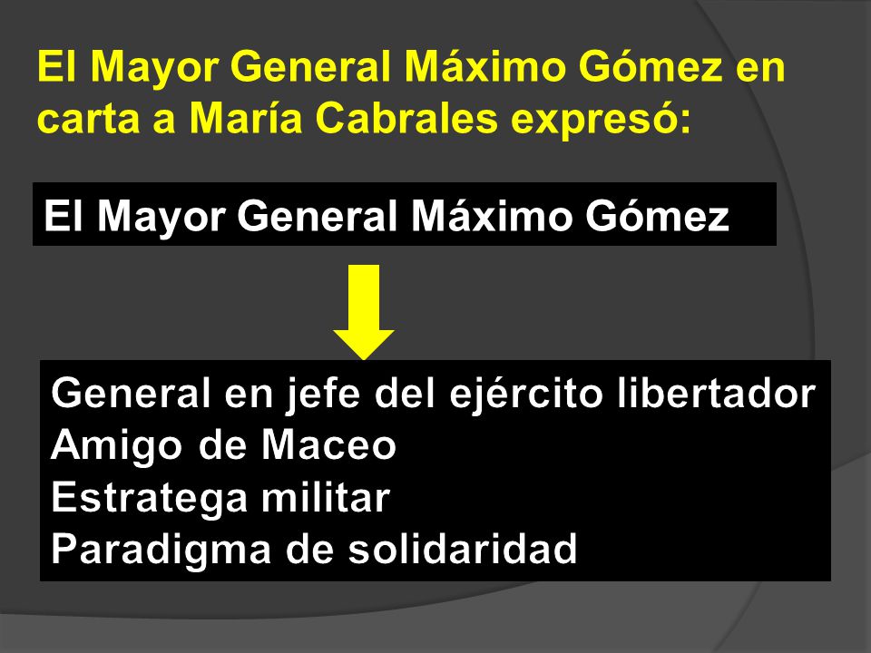 El Mayor General Máximo Gómez en carta a María Cabrales expresó: